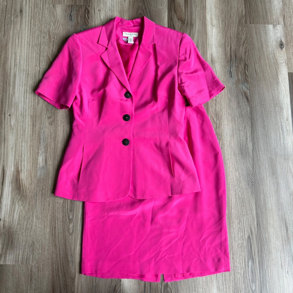 Vintage Amanda Smith Suits Hot Pink 100% Silk 2 Piece Skirt Suit Set Size 6
